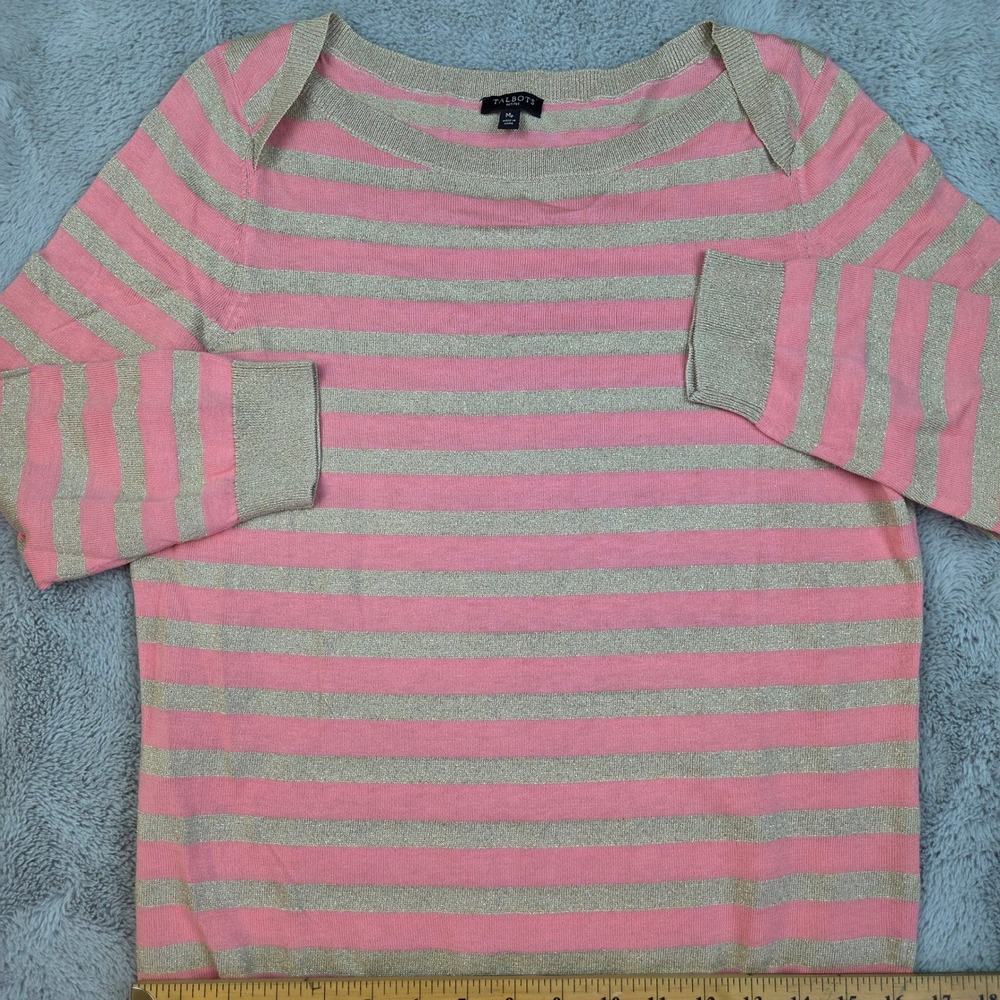 Talbots Boat Neck Sweater Womens MP Striped Metallic Knit Pink Gold 3/4 Sleeve